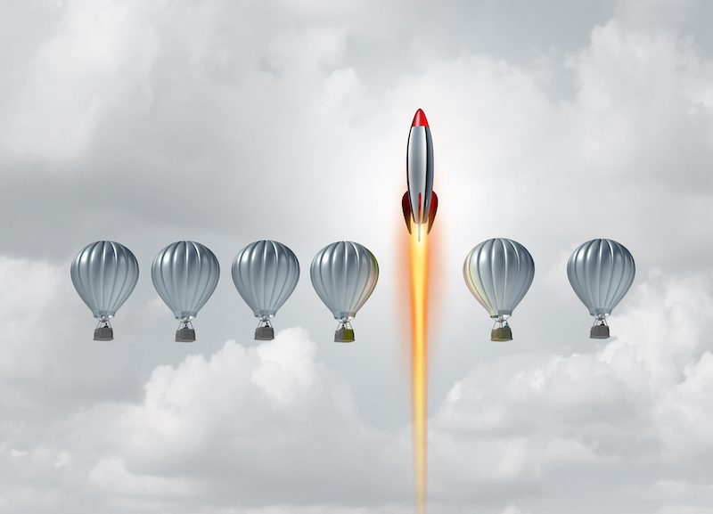accelerating growth rocket and balloon metaphor