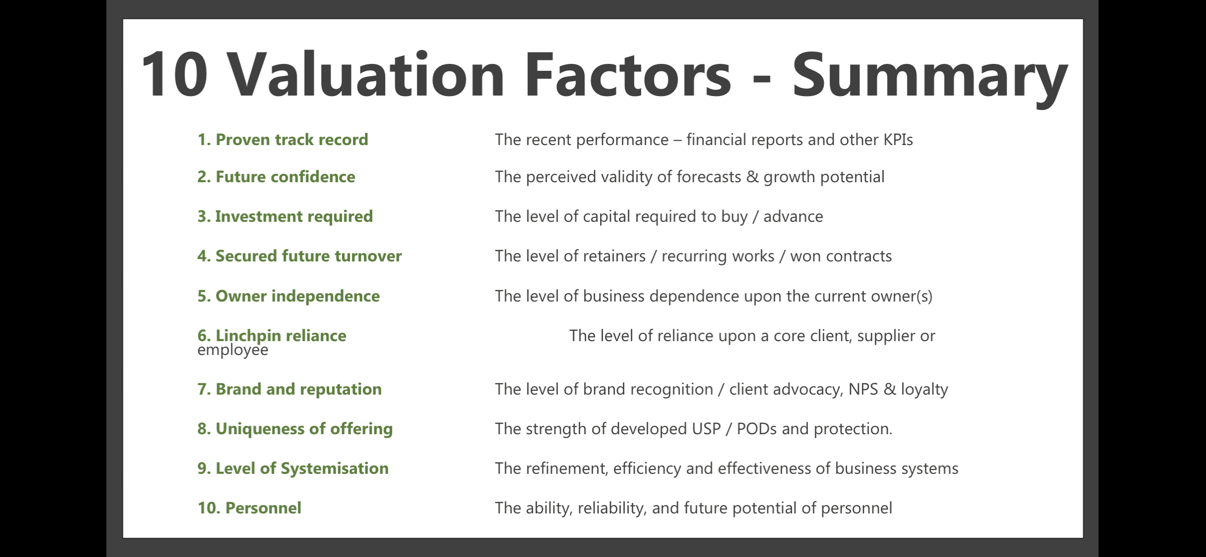 Exit planning | 10 valuation factors summary