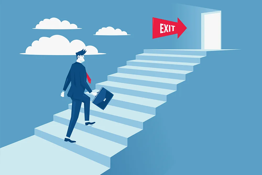 Exit planning | Cartoon professional man walking up stairs towards an exit sign