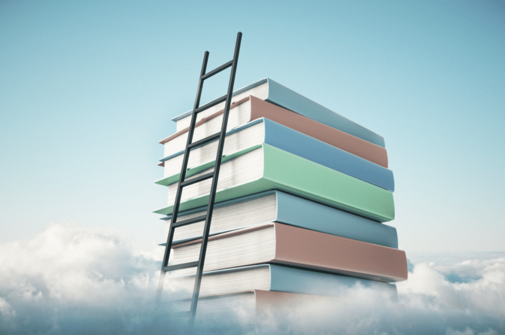 Best leadership books | books in clouds with a ladder reaching up to them