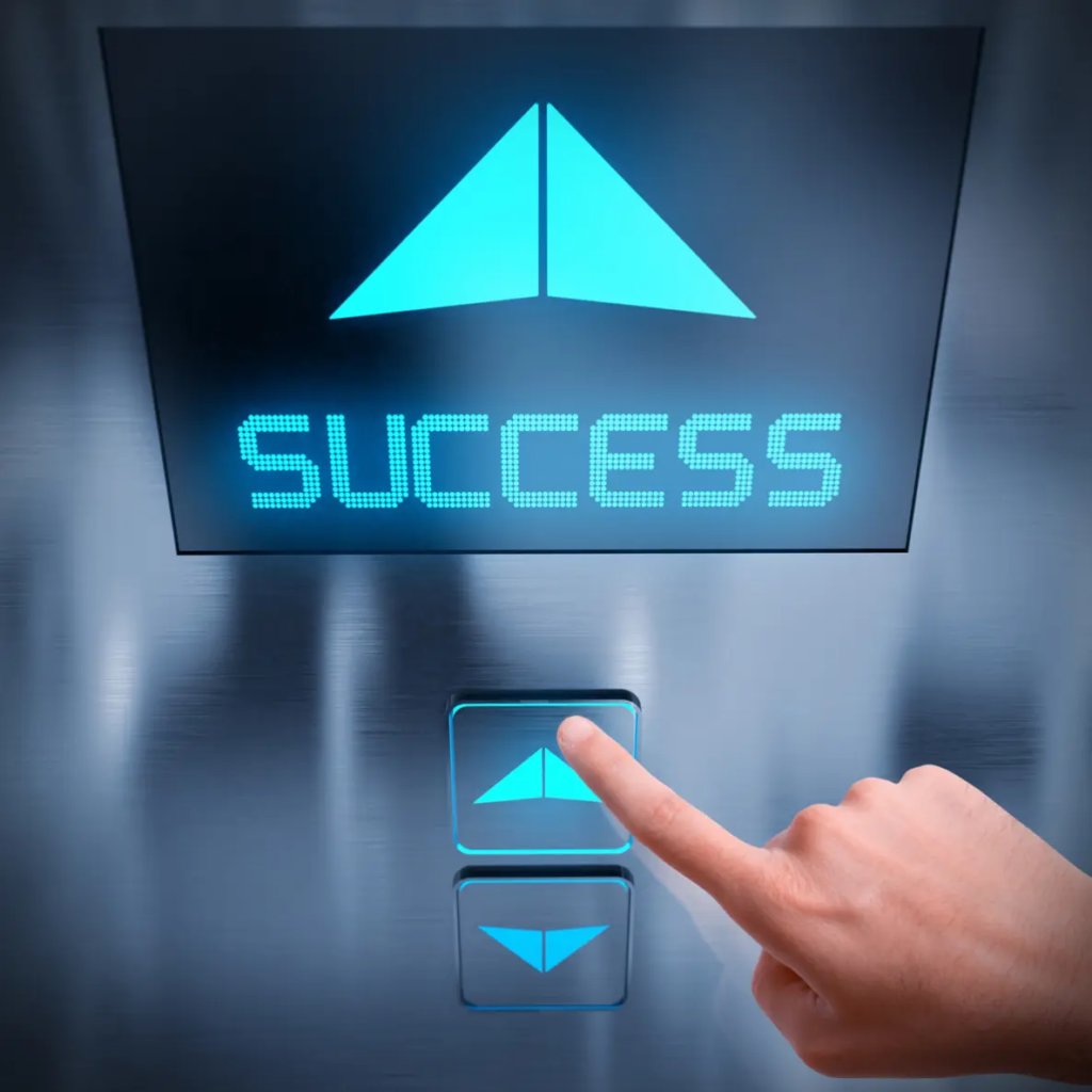 Business coaching services | Person pressing button of a lift going up to Success.