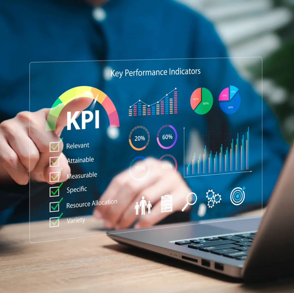 Business performance | Screen with KPI and buttons for Excellent, Good, Average and Poor, with a finger clicking Excellent. 