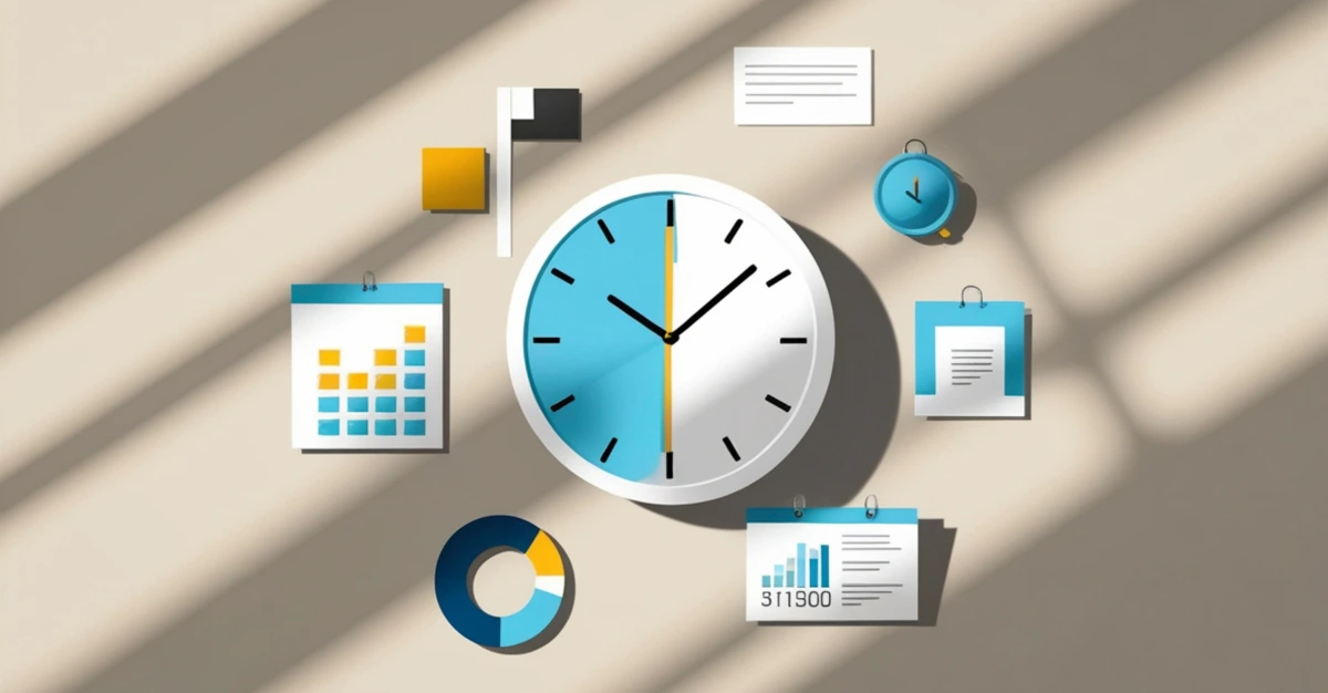 Time management training case study with clock and other tracking devices surrounding it